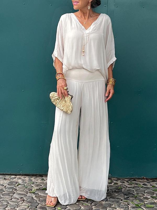AURA ELEGANTE CONJUNTO DE DOS PIEZAS CON PANTALÓN ANCHO DE GASA