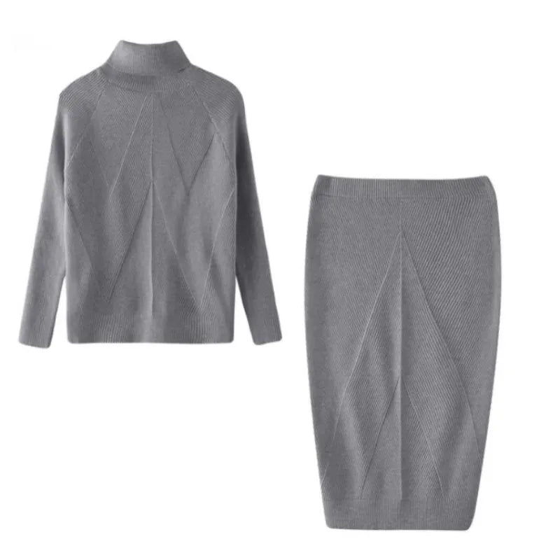 CONJUNTO ELEGANTE CON SUÉTER Y FALDA HASTA LA RODILLA