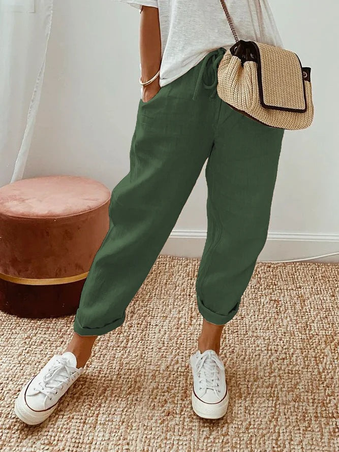 PANTALONES CASUALES LISOS CON CORDÓN Y BOLSILLOS