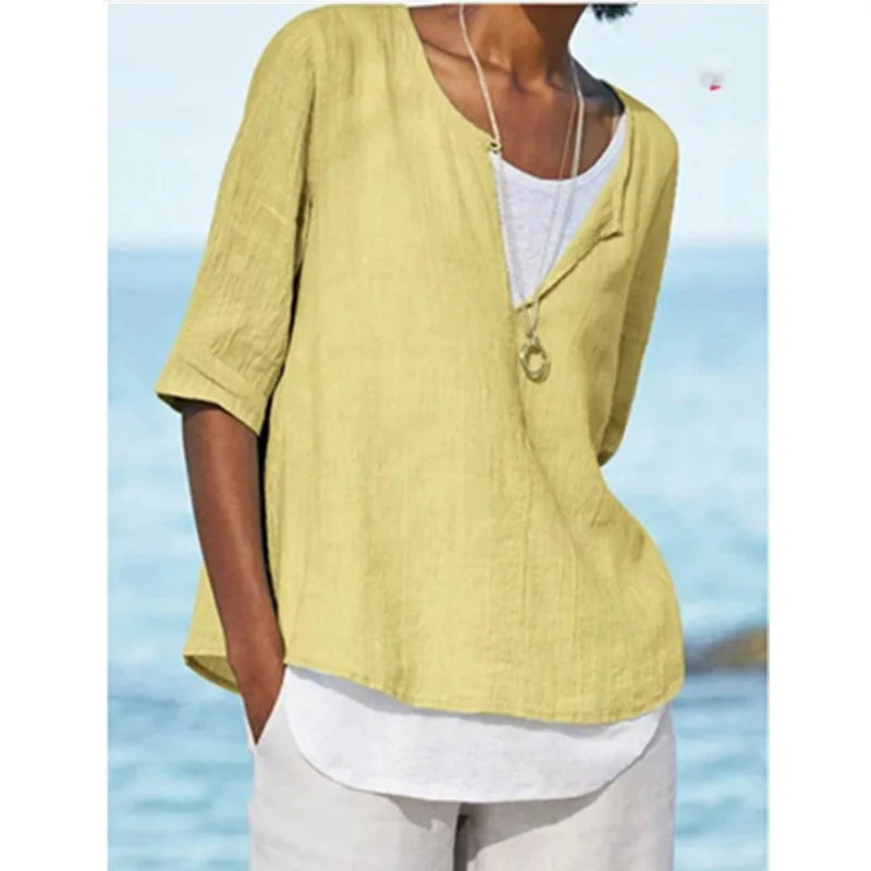 Camicetta elegante da donna in lino bianco con collo a o - Tamera