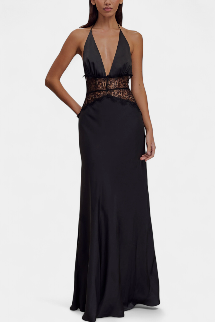 Ashanty Vestido Largo con Escote Halter y Cintura de Encaje Transparente