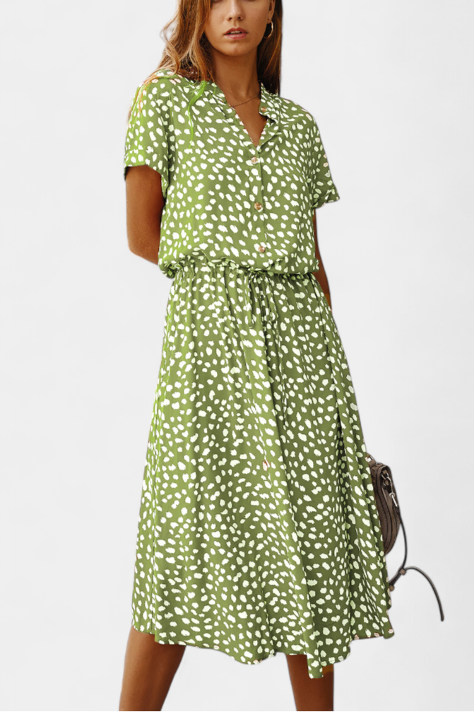 Rovena Vestido Midi de Lunares con Cuello Camisero y Cintura Ajustable