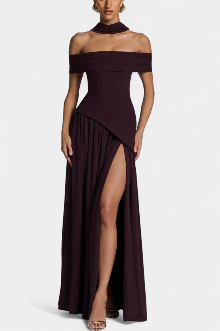 Celaena Vestido Maxi Off Shoulder de Chiffon con Abertura Lateral