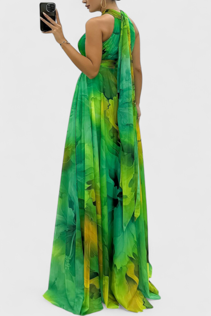 Caprice Vestido Maxi de Gasa con Estampado Floral y Cuello Halter