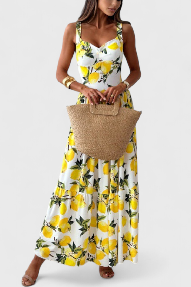 Huda Vestido Maxi Estampado de Limones con Tirantes y Abertura Lateral