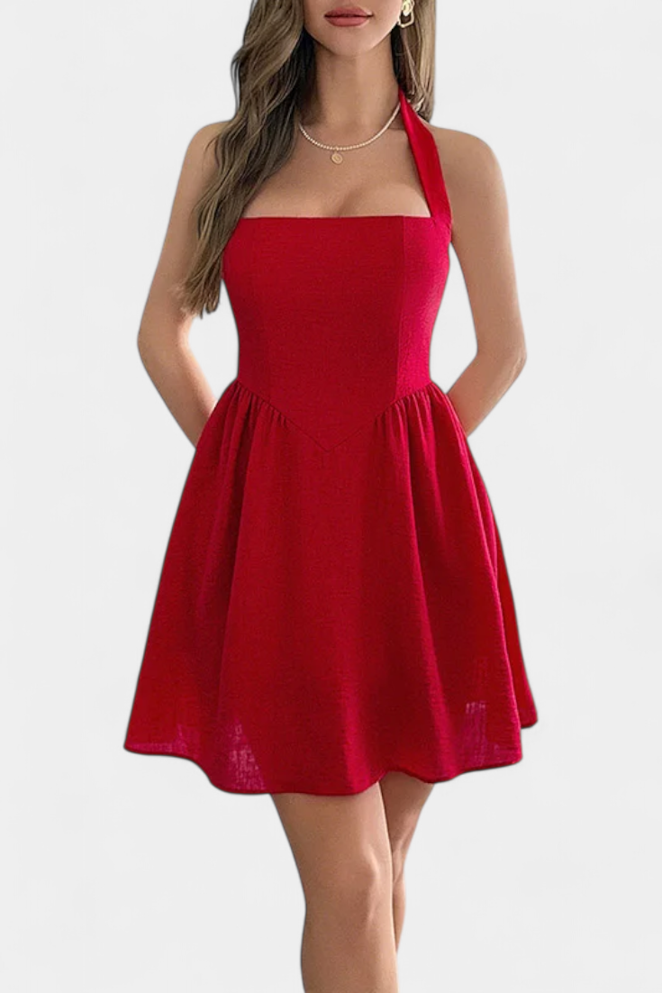 Kassandra Vestido Mini Halter con Espalda Abierta y Silueta Evasé