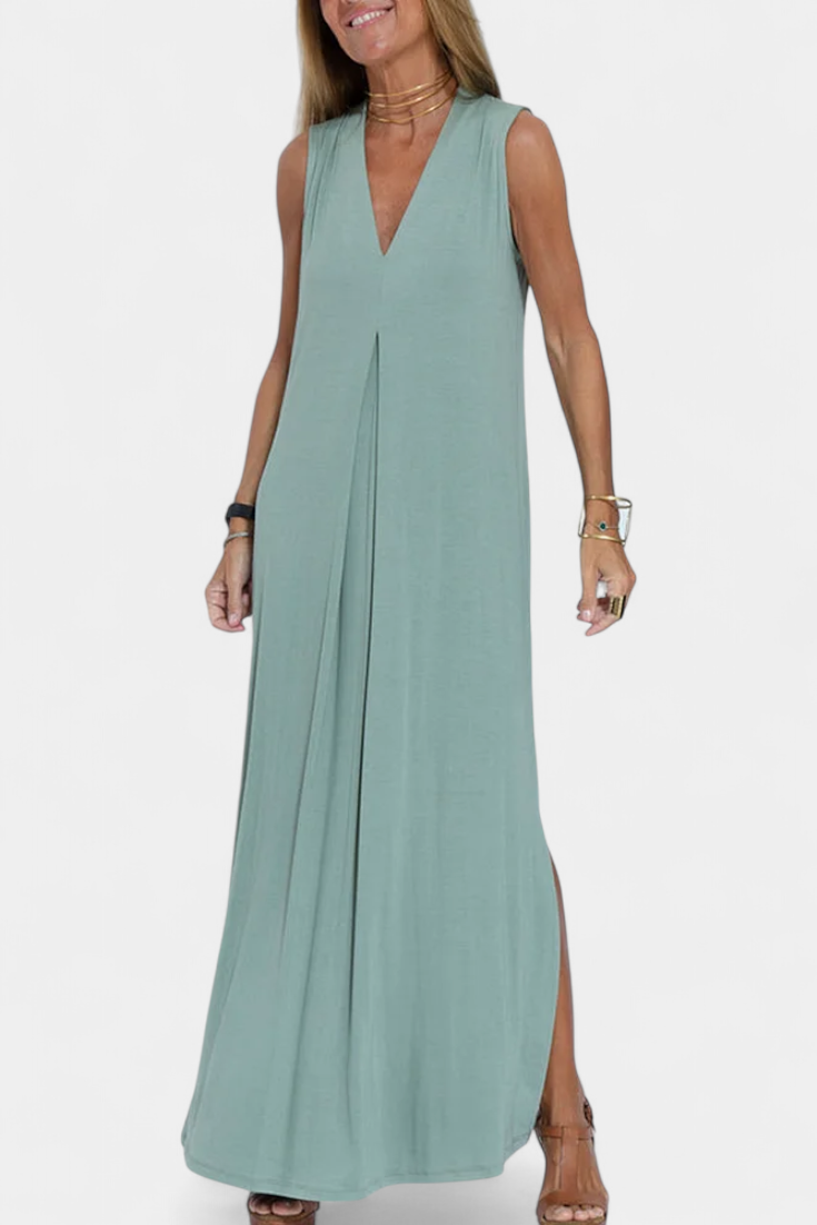 Felisa Vestido Maxi Sin Mangas en Color Liso y Silueta Elegante