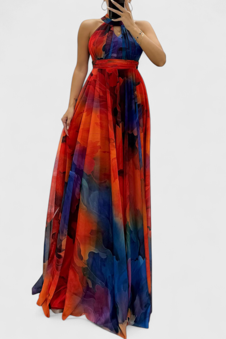 Caprice Vestido Maxi de Gasa con Estampado Floral y Cuello Halter
