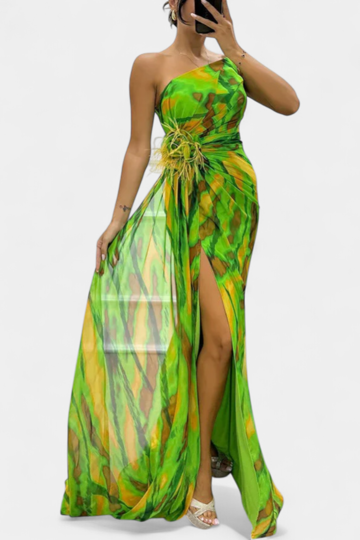 Aylin Vestido Maxi Asimétrico con Estampado Vibrante