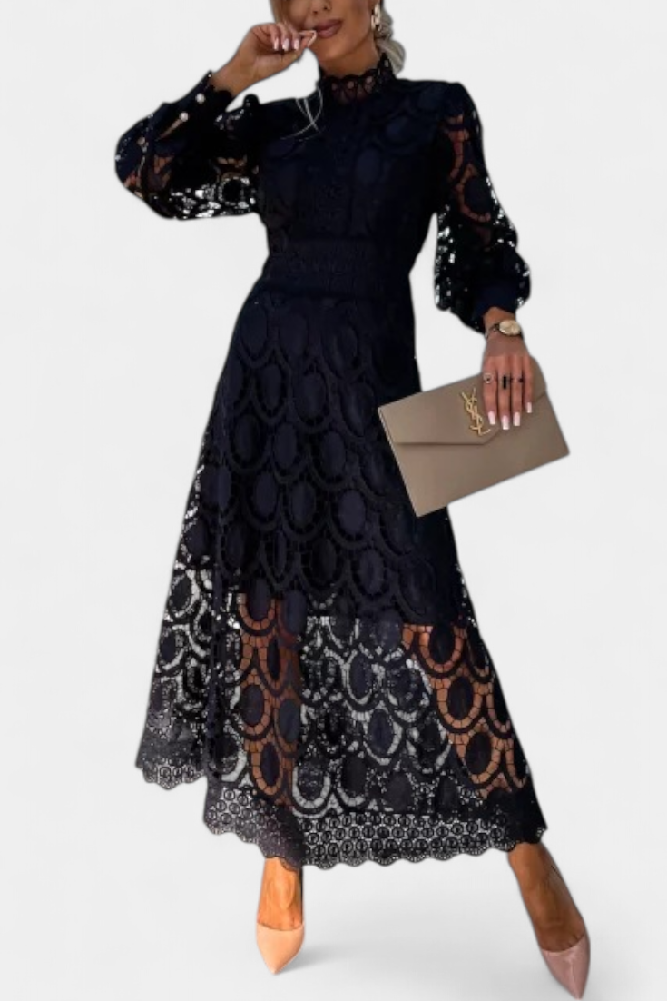 Lucinda Vestido Midi de Encaje con Mangas Farol y Cuello Alto