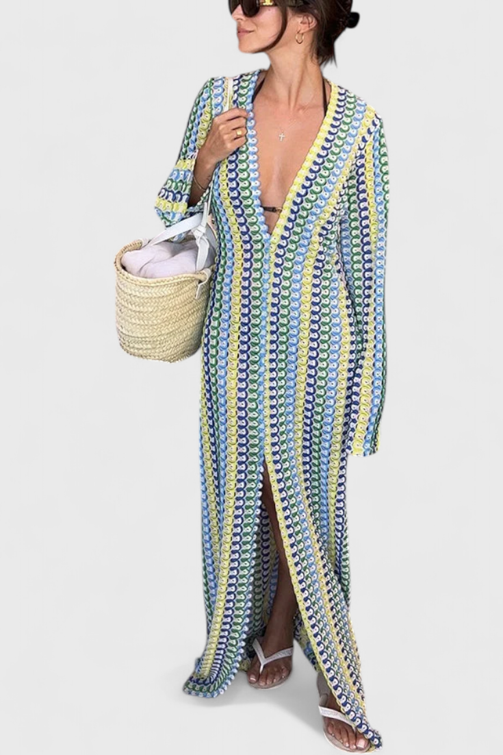 Crisanta Vestido Largo Estampado con Ondas Multicolores y Manga Larga