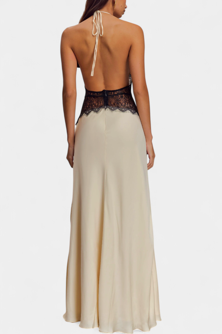 Ashanty Vestido Largo con Escote Halter y Cintura de Encaje Transparente