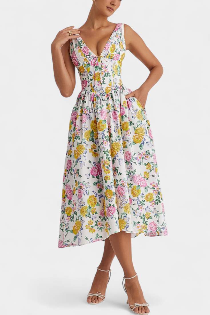 Margie Vestido Midi de Escote en V y Estampado Floral Romántico