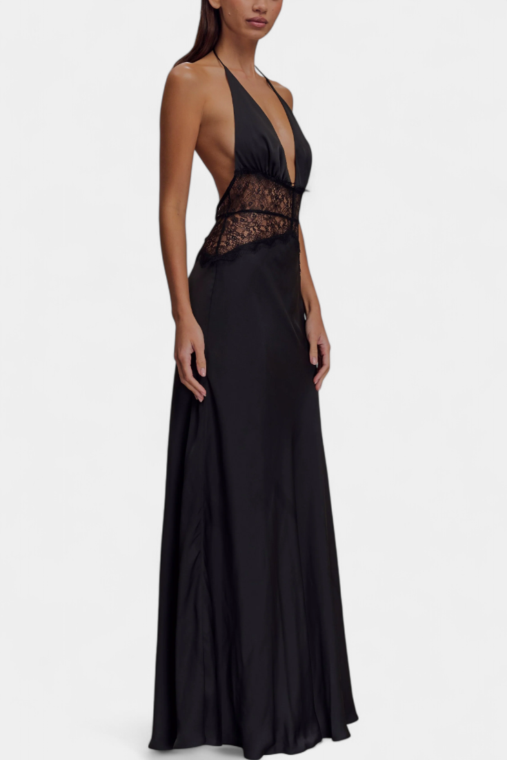 Ashanty Vestido Largo con Escote Halter y Cintura de Encaje Transparente