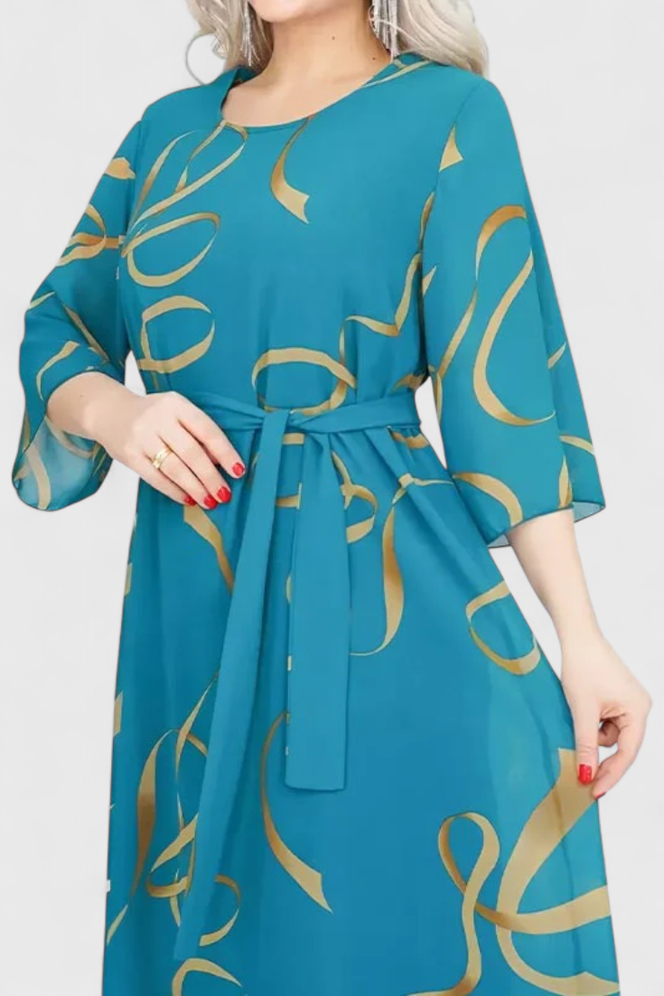 Ame Vestido Midi Estampado con Cinturón y Corte Versátil