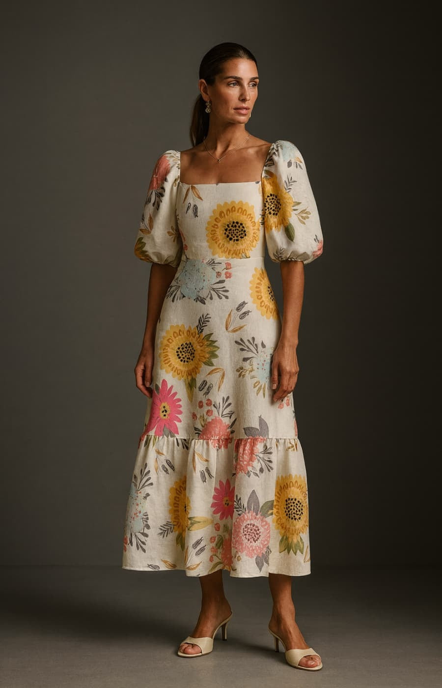 MARÍA VESTIDO MIDI FLORAL CON MANGAS ABULLONADAS