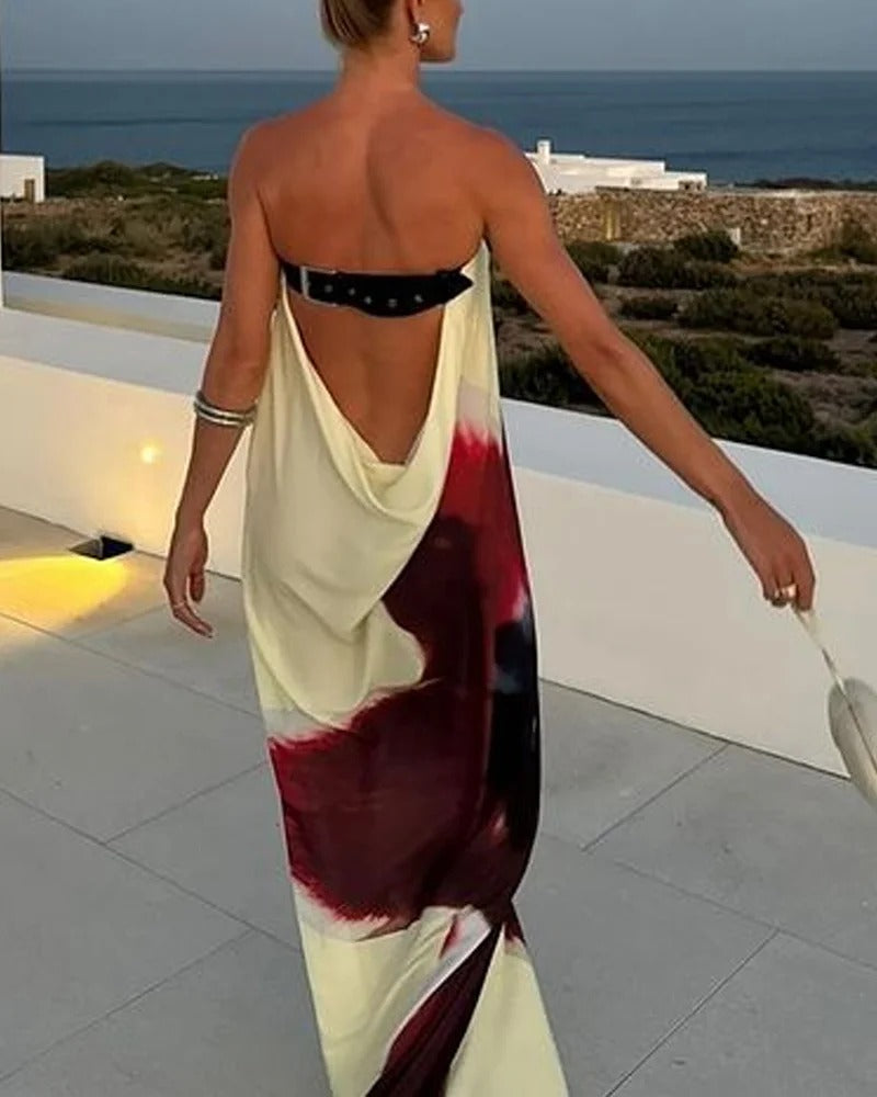 VESTIDO SIN ESPALDA SERENA  ESTAMPADO DE MODA Y DISEÑO ELEGANTE
