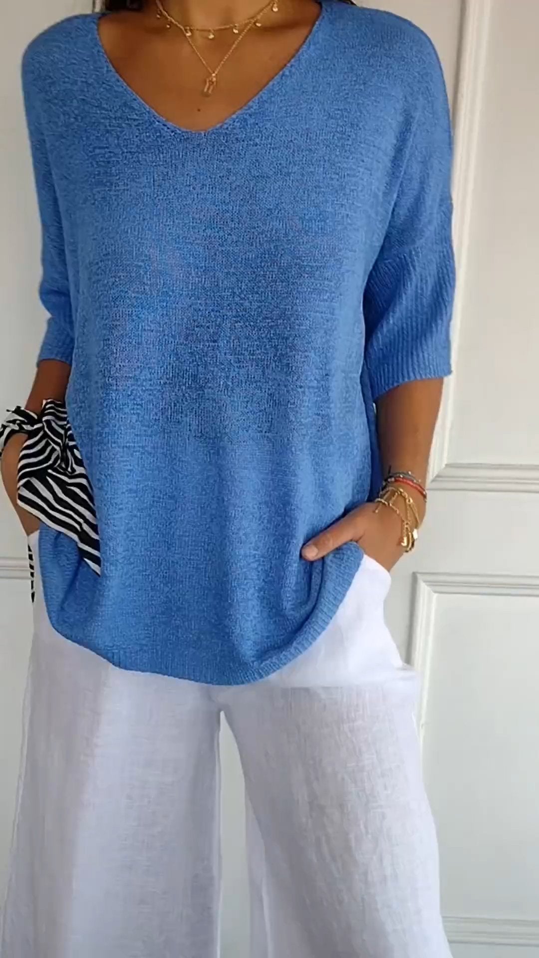 Top da donna in maglia con scollo a V, semplice e aderente