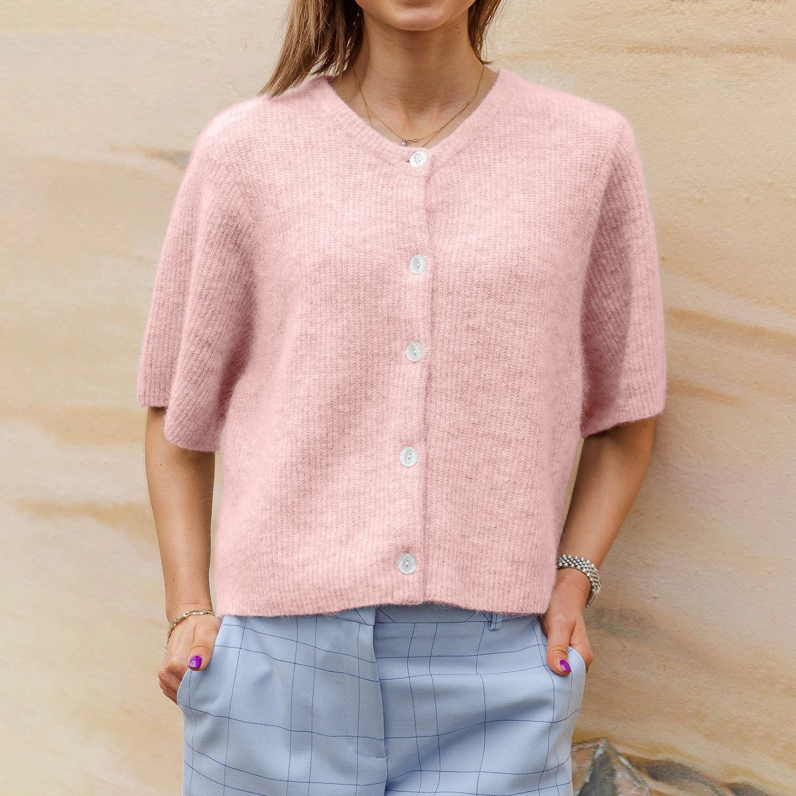 Cardigan donna a maniche corte con scollo rotondo | Ideale per tutte le stagioni