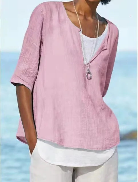 Camicetta elegante da donna in lino bianco con collo a o - Tamera