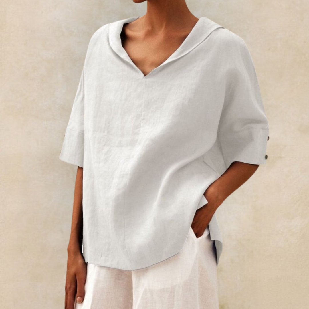 Camicia casual da donna in lino con scollo a V - camicetta dalla vestibilità rilassata per tutti i giorni