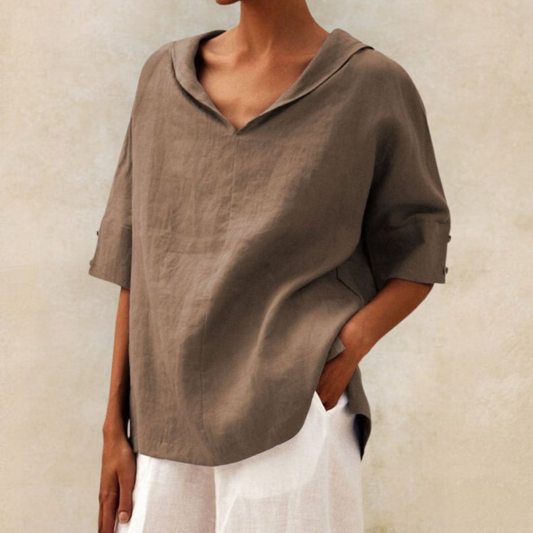 Camicia casual da donna in lino con scollo a V - camicetta dalla vestibilità rilassata per tutti i giorni