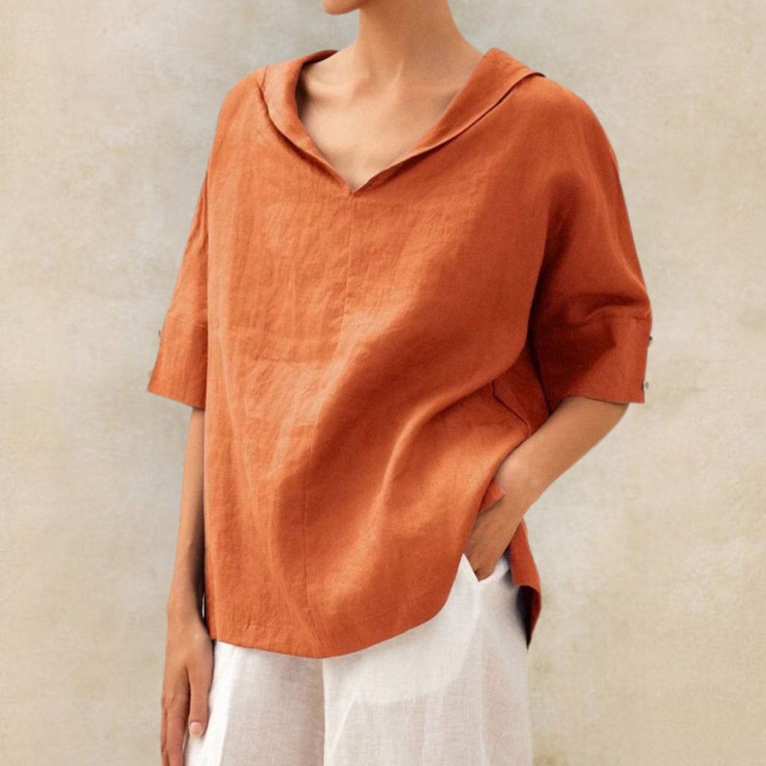 Camicia casual da donna in lino con scollo a V - camicetta dalla vestibilità rilassata per tutti i giorni