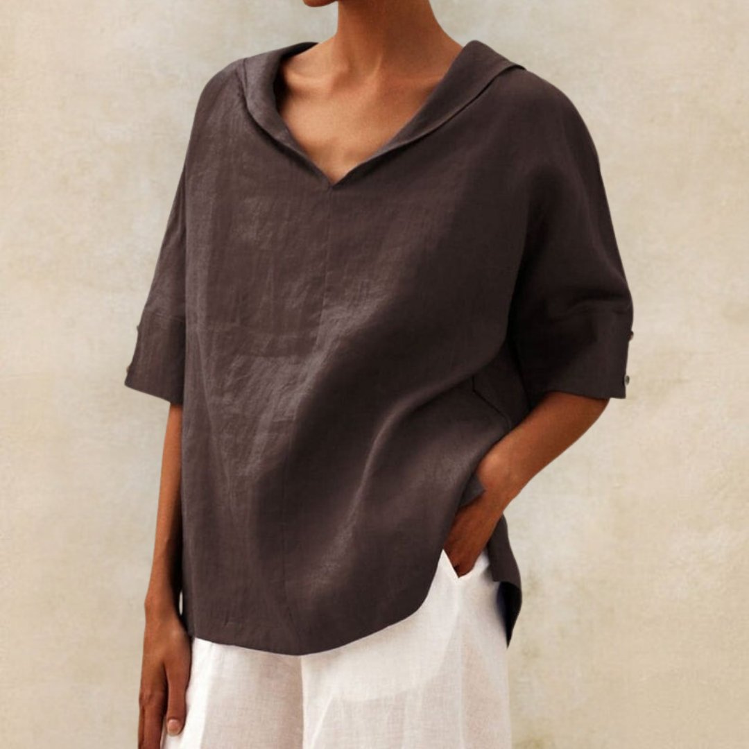 Camicia casual da donna in lino con scollo a V - camicetta dalla vestibilità rilassata per tutti i giorni
