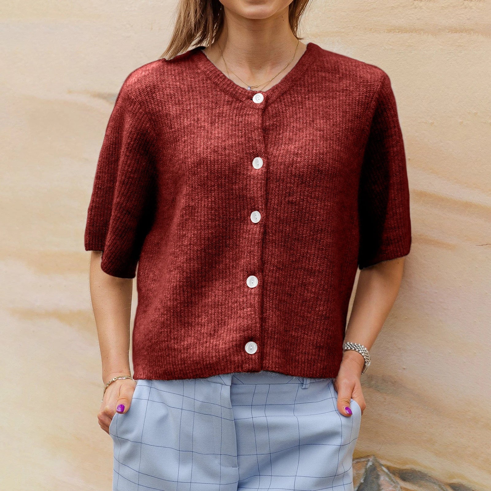 Cardigan donna a maniche corte con scollo rotondo | Ideale per tutte le stagioni