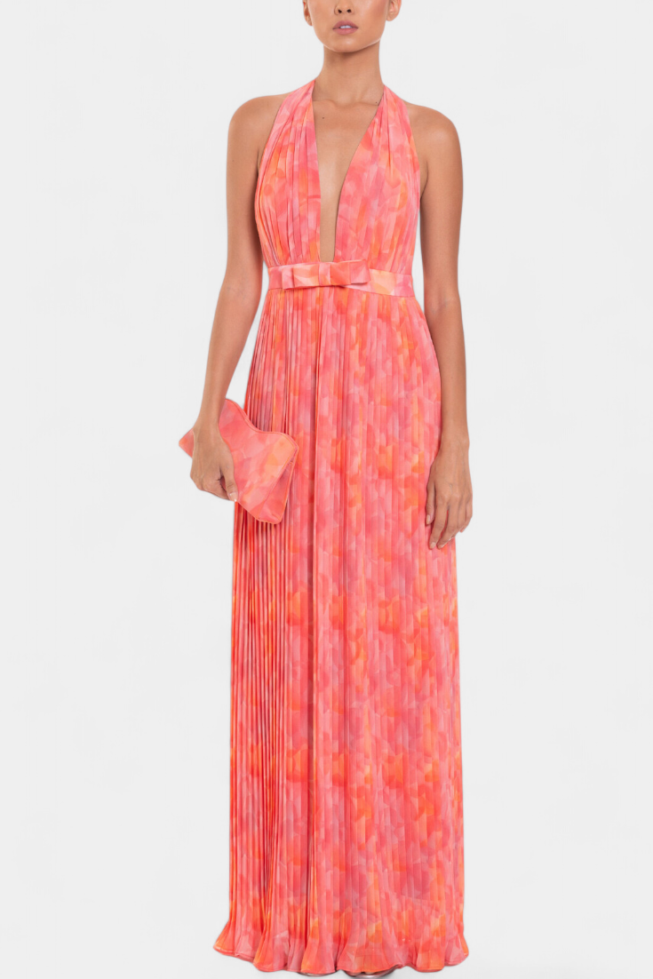 Prisca Vestido Maxi Plisado con Espalda Abierta y Cuello Halter