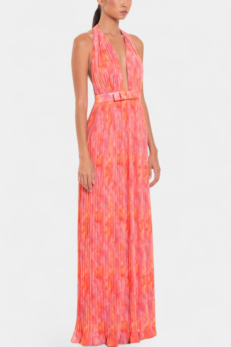 Prisca Vestido Maxi Plisado con Espalda Abierta y Cuello Halter