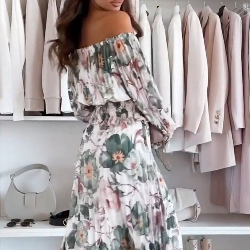 Conjunto de dos piezas con estampado floral y blusa descubierta con falda larga